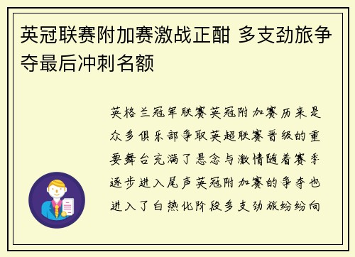 英冠联赛附加赛激战正酣 多支劲旅争夺最后冲刺名额