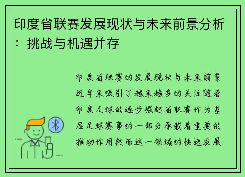 印度省联赛发展现状与未来前景分析：挑战与机遇并存