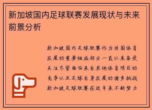 新加坡国内足球联赛发展现状与未来前景分析