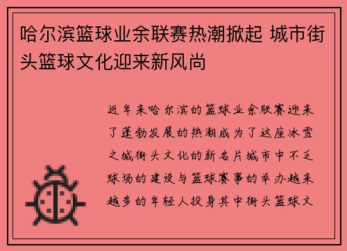 哈尔滨篮球业余联赛热潮掀起 城市街头篮球文化迎来新风尚