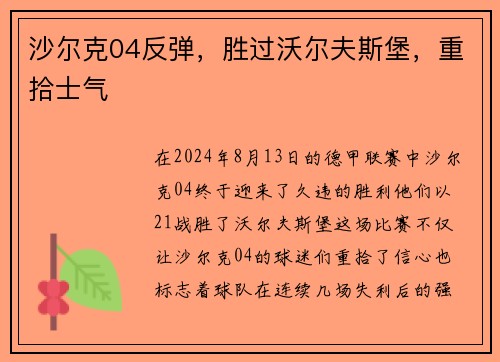 沙尔克04反弹，胜过沃尔夫斯堡，重拾士气